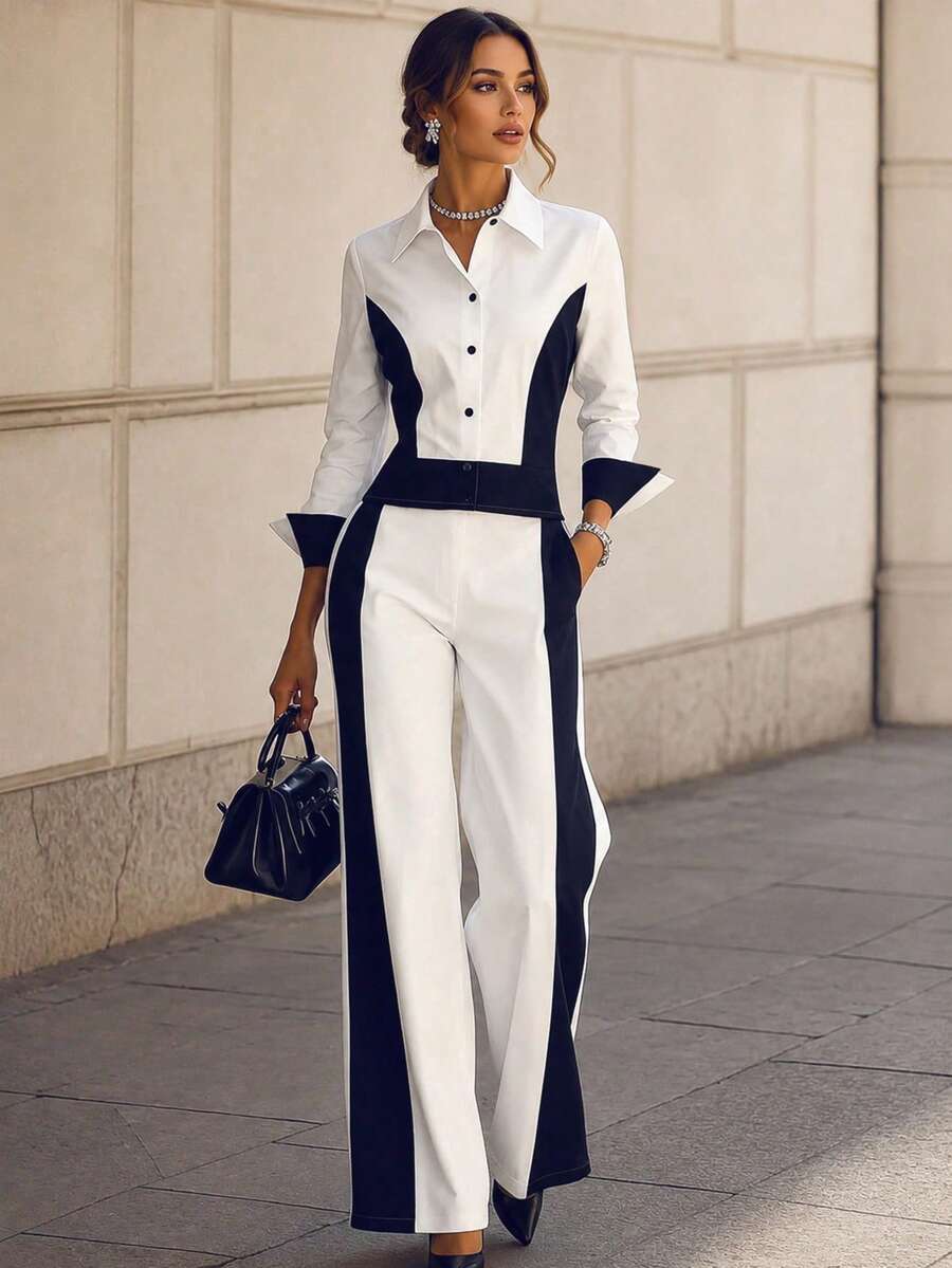 Women's Spring/Autumn Casual Elegant Contrast Color Lapel Long Sleeve Top And Contrast Color Long Pants 2 Pieces Set White - White - View 1