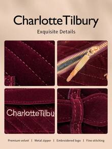 Charlotte Tilbury L Size 20*11*11cm Portable Travel Makeup Bag, Soft Velvet Quilted Cosmetic Storage Bag, Zipper Large Capacity Makeup Organizer, Suitable For Complete Makeup Set - Burgundy - View 4