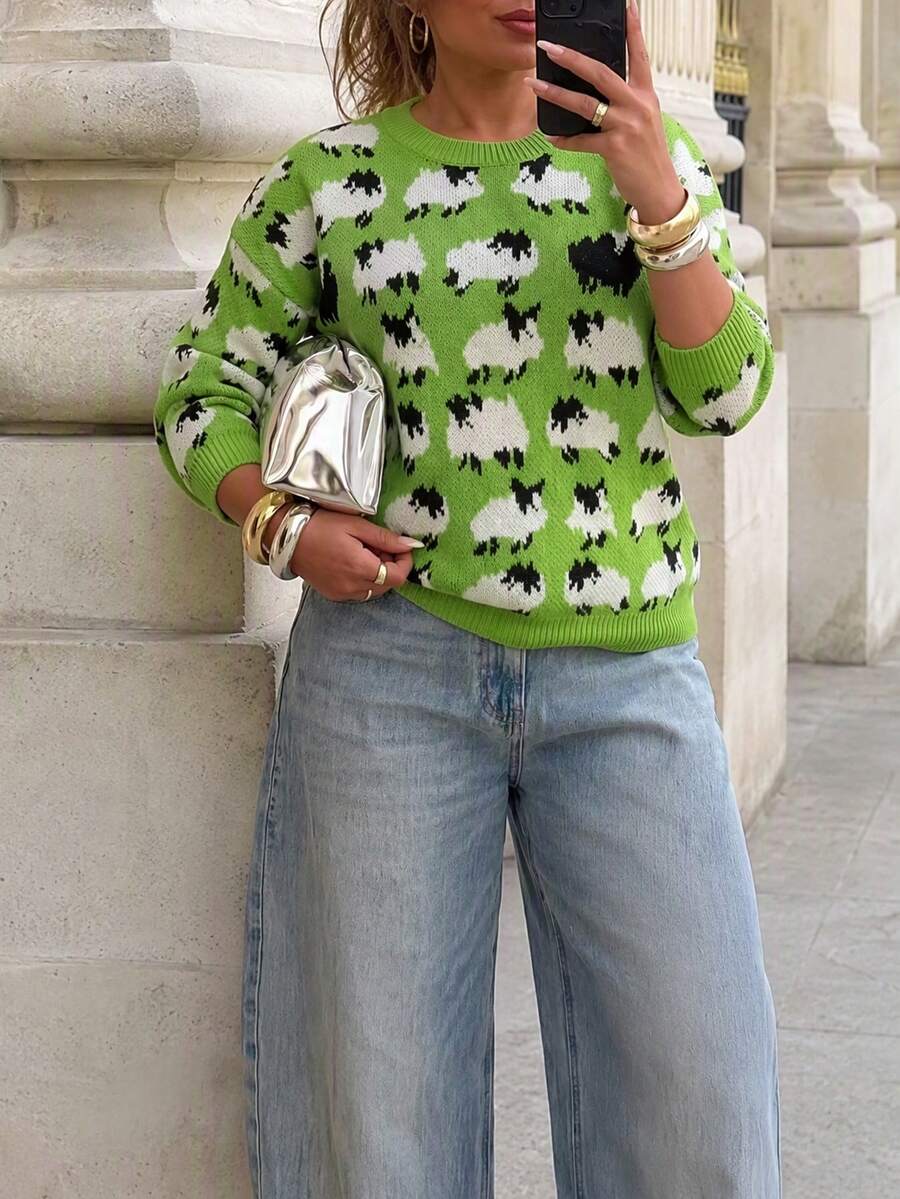 Sheep Pattern Crew Neck Sweater, Casual Long Sleeve Knit Sweater, Women, Christmas & New Year Fall - Green - View 1