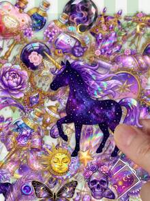 50Pcs Aesthetic Purple Galaxy Witch Decals, Glitter Celestial Crystal & Magic Potion Stickers For Scrapbook Layout, Planner Decor & DIY Stationery Craft - Multicolor - View 3