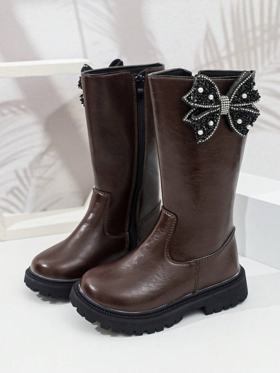 1 Pair Girls' Tall Chelsea Boots, Soft PU + Rhinestone Bow Material, Elastic Soft Sole With Inner Zipper Design, Simple Classic Princess Style Long Boots, Suitable For Daily School, Holidays, Autumn/Winter New - Coffee Brown - View 1