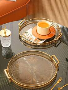 1pc Diamond Textured Double/Single Layer Tray With Handle, Modern Dual-Handle Tray, For Home - Gold - View 3