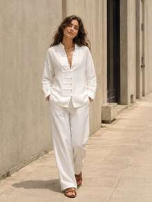Women's White Non-Stretch 2 Pieces Casual Formal Wide Leg Pants Set, Suitable For Home Leisure, Travel And Vacation - White - View 4