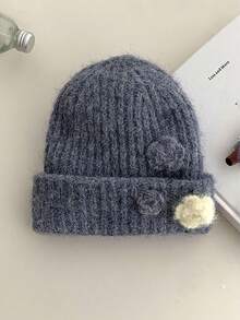 Handmade Crochet Beanie With 3D Flower, Floral Knit Winter Hat For Women, Warm Ear-Covering Hat, Face-Slimming Design, Atmosphere Style - Multicolor - View 20