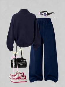 2 Pieces Set For Young Girl And Girls, Half-Zip Sweatshirt And Wide-Leg Pants, Loose Fit Stand Collar Sweatshirt With Pink Bow Print And Loose Wide-Leg Pants Matching Set, Suitable For Autumn/Winter Daily Wear - Multicolor - View 3