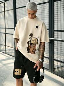 Simple Studio | Men's Summer Casual Round Neck Short Sleeve T-Shirt And Drawstring Waist Shorts Set - Apricot - View 2