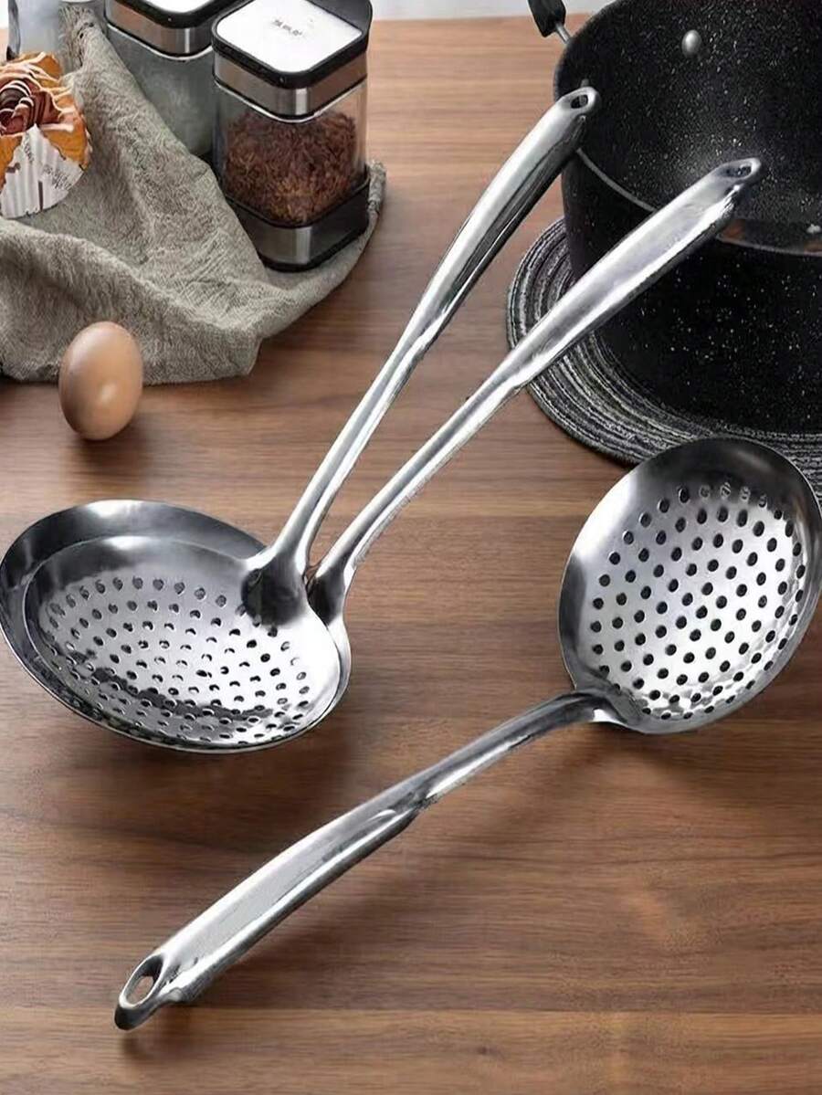 1/2pcs Stainless Steel Hollow Handle Large Mesh Strainer Skimmer Spoon, Oil Filter, Hot Pot Spoon, Noodle & Dumpling Ladle, Restaurant & Home Cooking Utensil - Silver - View 1