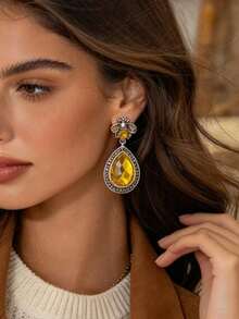 Yellow Teardrop Drop Earrings Bee Antique Metal Color Blocking Boho Vintage - Bee Teardrop Earrings - View 9