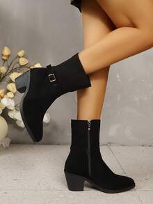Solid Color Pointed Toe High Heel Buckle Slip-On Women's High Heel Boots Suitable For Shopping, Party, Dating, Home, Commuting, Fashion Casual Women's High Heel Boots - Black - View 3