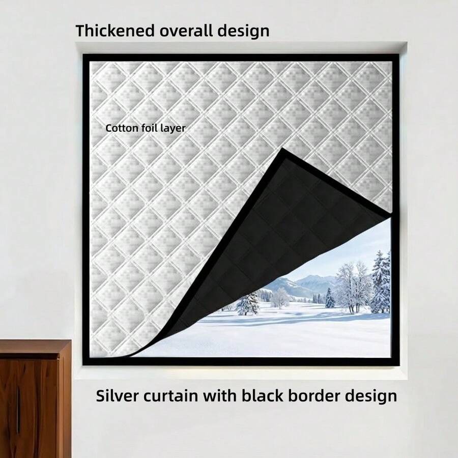 Thickened Padded Aluminum Foil Thermal Curtains | Black Edge Silver Surface Windproof & Cold-Insulating, Winter Window Thermal Insulation Curtains - Cotton With Black Trim, Full-piece Style - View 1