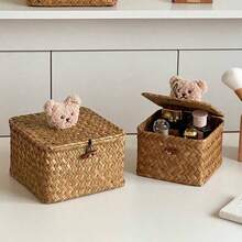 1pc Vintage Straw Woven Storage Box With Lid, Bear Decoration, Handmade Woven Organizer Bin For Bedroom Desktop, Cosmetics And Sundries, Home Decor - Multicolor - View 1