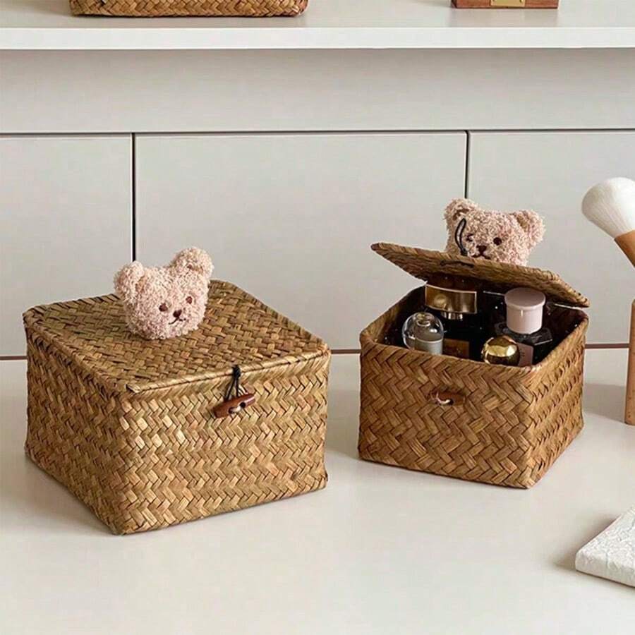 1pc Vintage Straw Woven Storage Box With Lid, Bear Decoration, Handmade Woven Organizer Bin For Bedroom Desktop, Cosmetics And Sundries, Home Decor - Multicolor - View 1