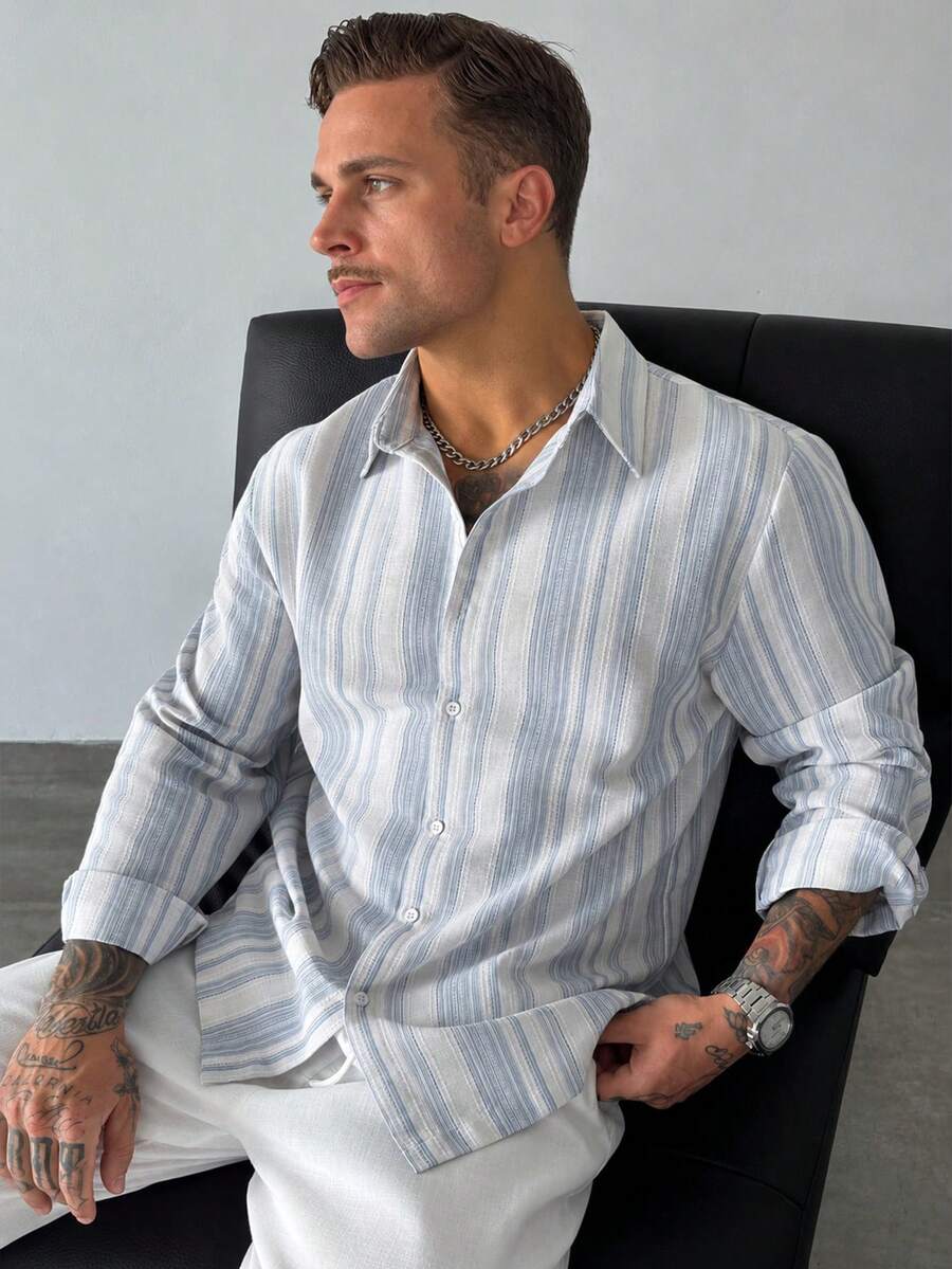 GloMan Men's Pure Cotton Blue & White Striped Button Long Sleeve Shirt, Suitable For Business, Family Gathering, Office Commute, Party, Gift For Husband/Father - Blue and White - View 1