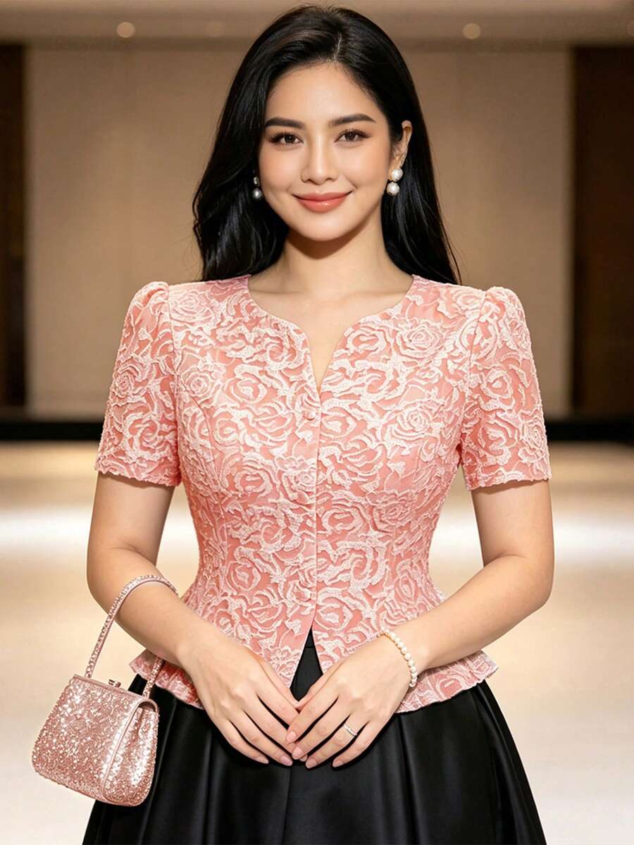 現代菲律賓風女款上衣,平價蝴蝶袖 Polo 風荷葉邊襯衫,優雅泡泡袖上衣 - 粉色 - 查看 1