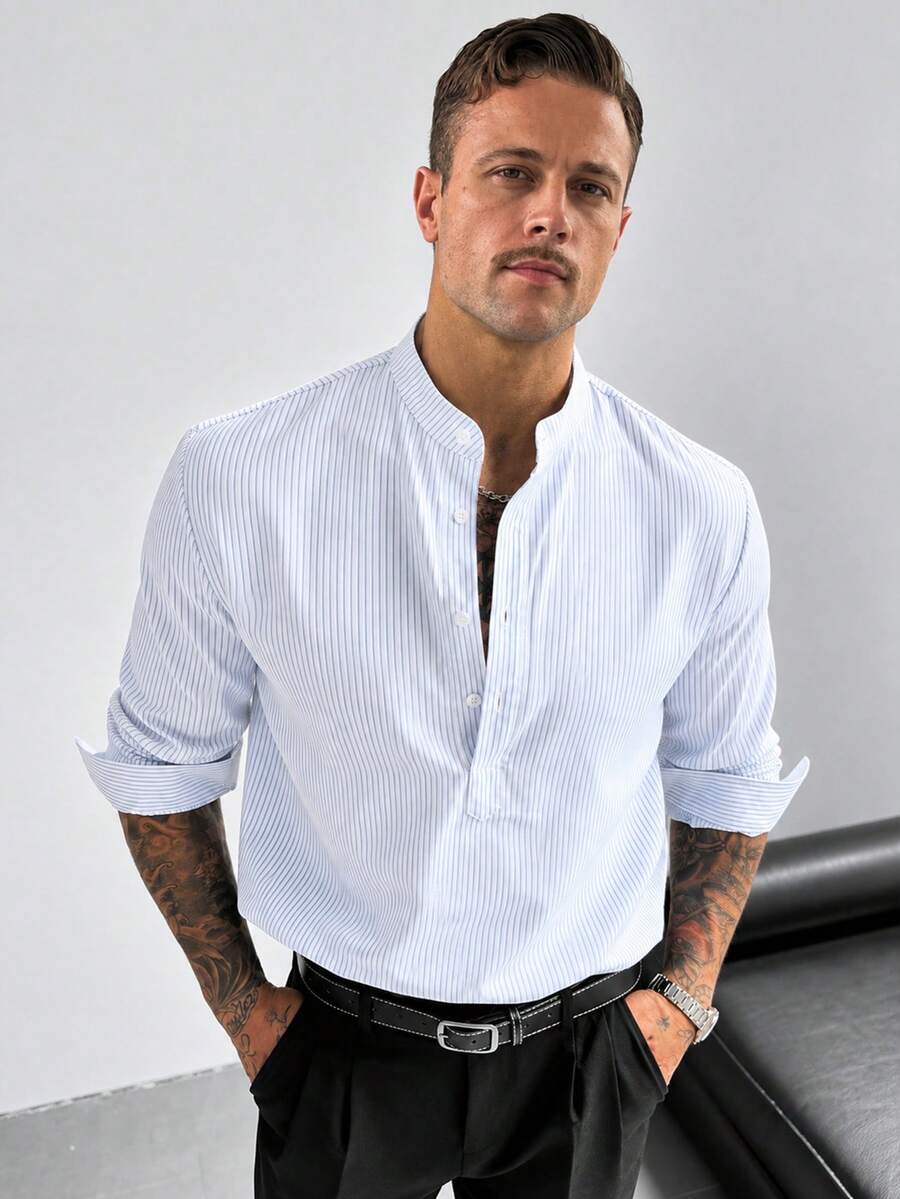 GloMan Men's White Fine Striped Stand Collar Henley Half-Placket Long Sleeve Polo Shirt, Suitable For Summer/Autumn Vacation, Business, Street, Office Commute, Boyfriend Style - Blue and White - View 1