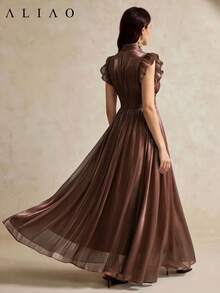 ALIAO Spring/Summer Semi-High Neck Ruffle Pleated Soft Draping, Romantic Gentle Elegant Style, Wedding Season Date Daily Commute, Women's Mid-Length Dress, Ruffle Dress, Elegant Daily Dress, Wedding Guest Dress - Brown - View 6