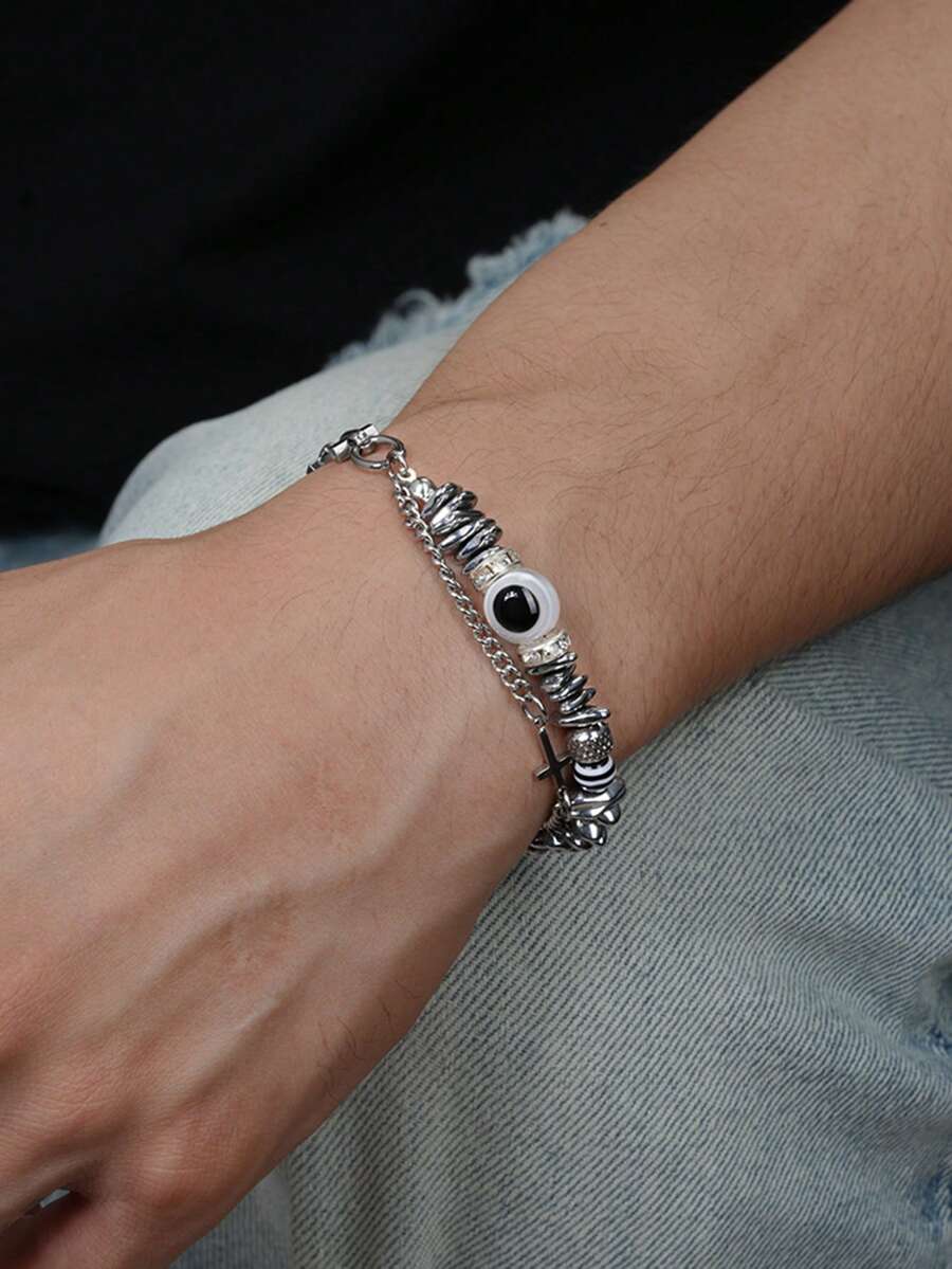 1pc Men's Bracelet, Silver Stainless Steel Waterproof Anti-Fading Anti-Allergic Multi-Layer Chain Evil Eye Hip-Hop Bracelet, Autumn Style Suitable For Daily Street Wear - Multicolor - View 1