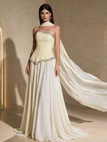 Elegant Women's Strapless Beaded Evening Gown, Asymmetric Design With Flared Hem, Perfect Ball Gown, Asymmetric 2 In 1 Design, With Flowing Ribbon, Goose Yellow Gown, Suitable For Evening Party, Banquet, Gathering - Pale Yellow - View 1