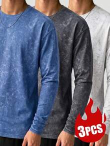 SU ER 3pcs/Pack Men's Spring/Autumn Versatile Vintage Washed Distressed Long Sleeve T-Shirts - Multicolor - View 2