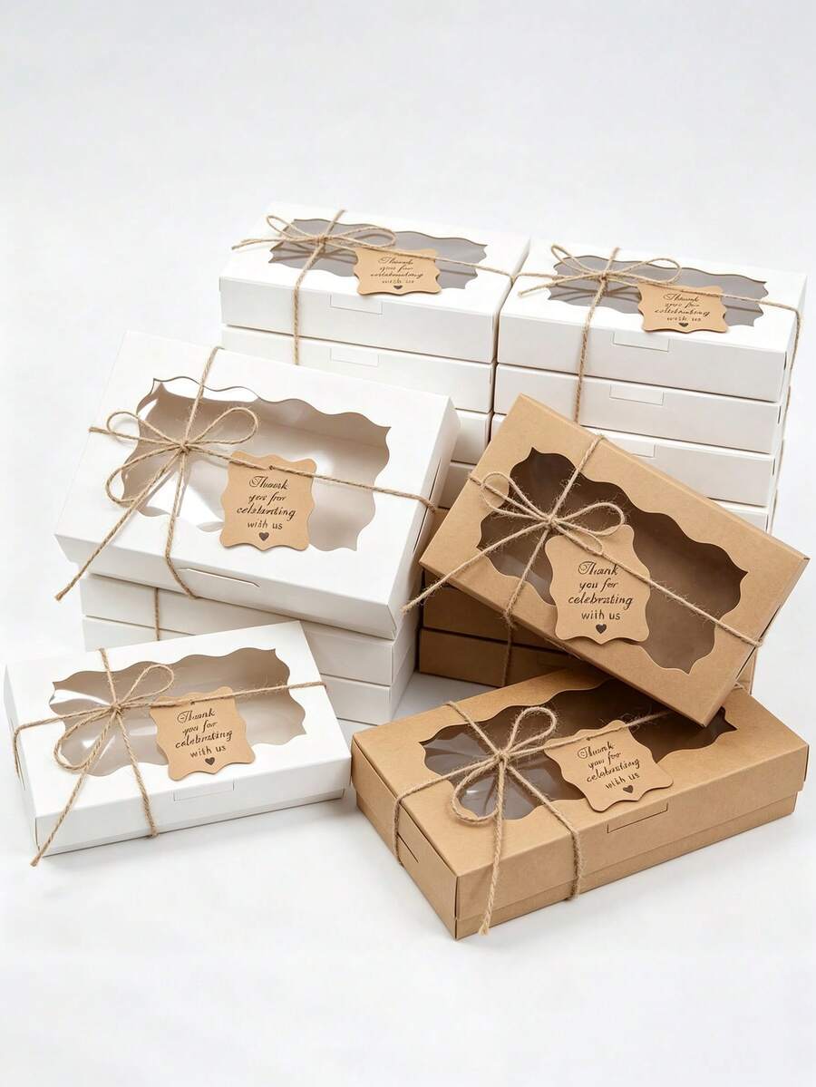 Gift For Her/Him 60pcs Set (20 Boxes + 20 Hemp Ropes + 20 Greeting Cards) Kraft Paper Packaging Gift Box, Transparent Window Muffin Gift Box, White, Pink And Brown Paper Boxes With Hemp Rope And Gift Tags, With Transparent Windows, For Weddings - View 1