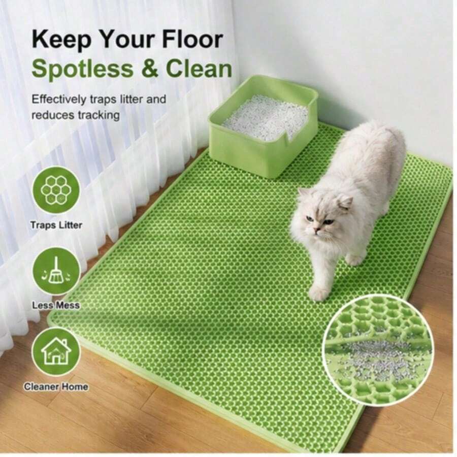 1pc Thick Double Layer Cat Litter Mat Filter Design Anti Tracking Litter Scattering Urine Proof Washable Anti Slip Anti Spill Sand Trap Pad Easy Clean Relieve Mess For Indoor Kitten Adult Cats Daily Pet Litter Box Supply - Green - View 1