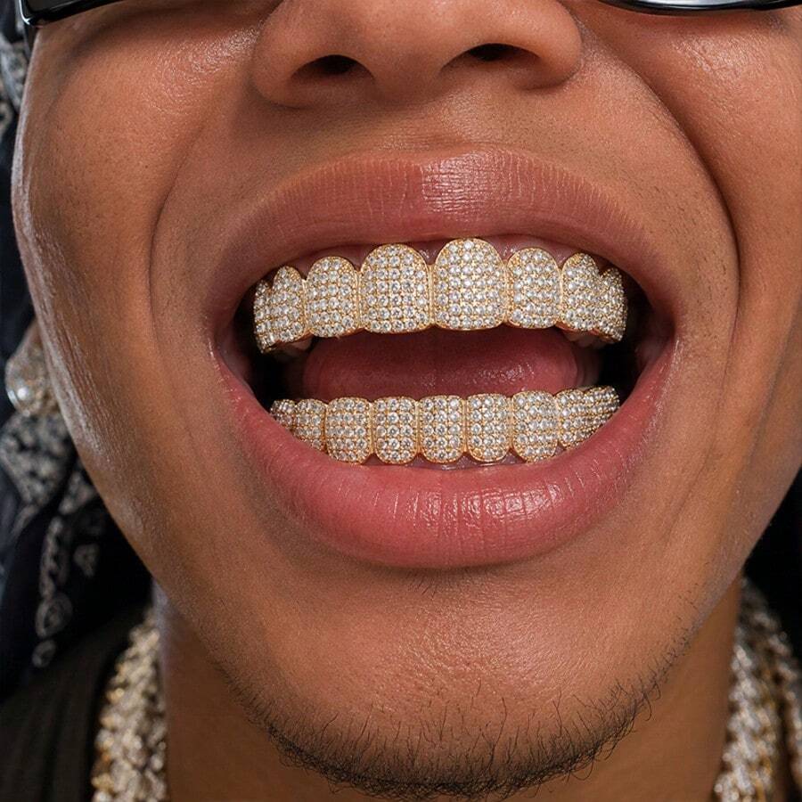 Hip Hop Grillz Teeth Jewelry Rhinestone Decorated Gold Silver Electroplated Brass Party Accessory