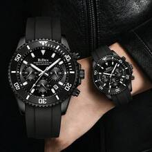 BIDEN Men's Watch Diving Bezel Chronograph Waterproof Luminous Design Rubber Strap Sports Analog Date - Black - View 2