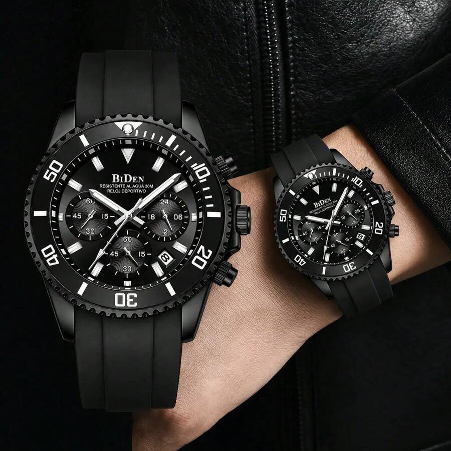 BIDEN Men's Watch Diving Bezel Chronograph Waterproof Luminous Design Rubber Strap Sports Analog Date