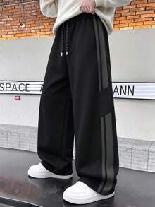 Men's Black Wide Leg Sweatpants With Side Colorblock Vertical Stripes, Drawstring Waist, Loose Drape Casual Pants, Autumn/Winter - Dark Grey - View 1