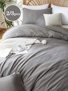 2/3pcs Waffle Weave Craft, Jacquard Thick Solid Color Premium Texture Grey Quilt Cover Set – Jacquard Textured Super Soft Polyester Bedding Breathable&Machine Washable (1Cover+2Pillowcases No Insert) For Double/Queen/KingBedStudent Dorm&Home - Grey - View 2