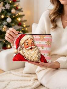 Double-Sided Printed Coin Purse/Organizer/Makeup Bag Featuring A Striped Santa Claus Pattern; Includes A Zipper And Is Lightweight And Portable Christmas Thanksgiving - Multicolor - View 5