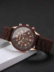 Women's Fashion Gentle Style Watch, Silicone Strap Three-Eye Digital Scale Dial Quartz Wristwatch, Gift For Girlfriend (1pc/Set) Watch Box Not Included - Brown - View 4