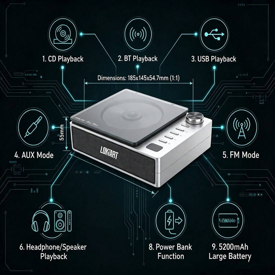 LOKMAT CD201 Portable Bluetooth CD Player, Built-In Stereo Speaker, 4000mAh Rechargeable Battery, Equipped With Remote Control, Supports Multiple Playback Modes (CD, Audio Line, USB, Bluetooth, FM, Optical And AUX) - View 1
