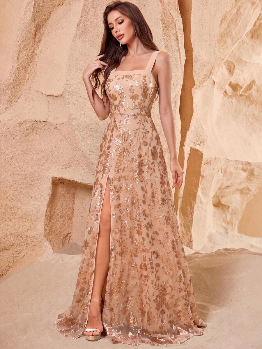 XUCTHHC Sleeveless Sequin High Slit Black Formal Gold Ball Gown, Elegant Party Evening Dress Autumn Style