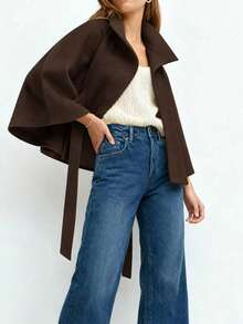 Women's Short Stand Collar Cape Coat, Suitable For Daily/Shopping/Dating/Dining And Other Occasions - Coffee Brown - View 4