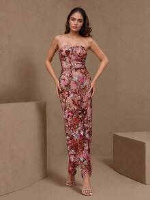 Women's Elegant Beaded Double-Layer Bustier Formal Dress, Suitable For Wedding Guest - Red - View 1