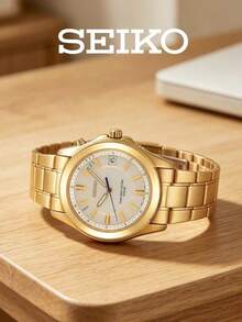 Seiko SBTM076J Men's Solar Quartz Watch, Gold Stainless Steel Business Wristwatch With Date Display, Perfect Gift For Him - Yellow - View 4