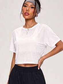1pc Women's Summer Standard Size Back Cross Hollow Out Crop Top Versatile All-Match Casual Sports T-Shirt - White - View 3
