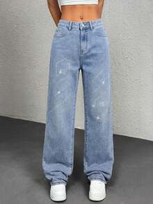 Women Wide Leg Jeans Rhinestone Geometric Sparkle Blue Straight Leg Denim Casual Business Professional Y2K Elegant Vacation ,Fall Winter - Blue - View 4