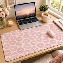 Pink Lip Print Extended Mouse Pad, Soft Pastel Kiss Mark Repeat Pattern Large Desk Mat With Stitched Edge, Smooth Cloth & Natural Rubber For Makeup Vanity Office Gaming Home Workspace, 3 Sizes Available - View 2