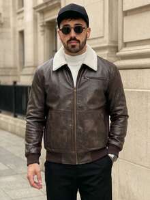 Lookun Men's Turn Collar Jacket American Vintage Motorcycle Versatile Lamb Wool Collar Flight Jacket Autumn/Winter - Bronze - View 2