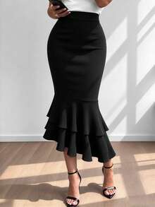 Rok Wanita Gaya Komuter Musim Gugur/Dingin, Pinggang Tinggi, Pinggang Dikencangkan, Bodycon, Lapisan Ganda, Hem Berumbai, Panjang Sedang, Rok Komuter Elegan - Hitam - View 3