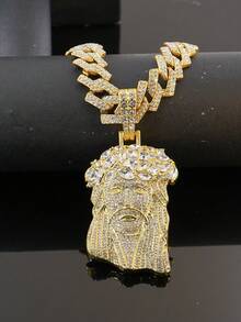 European And American Hip Hop Full Diamond Jesus Head Pendant Cuban Chain, Gold And Silver Dual Color Optional, Personalized Street Style Rhinestone Men's Rap Necklace - Jesus - View 10