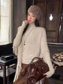 Autumn/Winter Solid Color Long Sleeve Turtleneck T-Shirt - Apricot - View 10