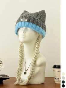1pc Adorable Cat Ear Colorblock Knitted Beanie Hat For Women, Warm And Versatile, Face-Slimming Woolen Headwear For Autumn/Winter - Color-block Turned-edge Cat Ears - View 7