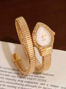 Women's Teardrop Dial Quartz Watch Luxury Gold Tone Snake Wrap Bangle Bracelet Wristwatch Gift For Her Birthday Christmas Valentine's Day - White - View 3