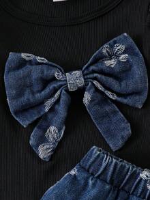 Baby Girl New Sweet & Cool 3-Piece Set: Black Flutter Sleeve Ribbed Long Sleeve T-Shirt Top + Embroidered Denim Bow Pleated Mini Skirt Outfit + Matching Bow Headband - Black - View 6