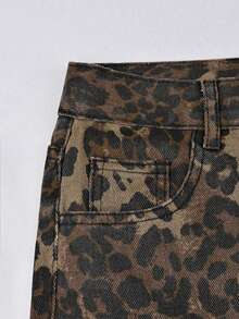 Y2K Street Retro Leopard Print High Waist Slanted Pocket Wide Leg Denim Jeans Classic Denim Long Pants - Brown - View 8