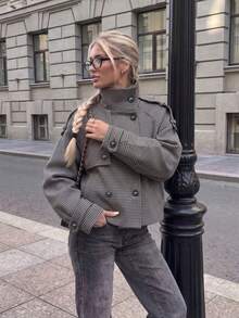 Women's Fashion Houndstooth Double-Breasted Coat, Funnel Neck Long Sleeve Design, Perfect Choice For Autumn/Winter - Coffee - View 1
