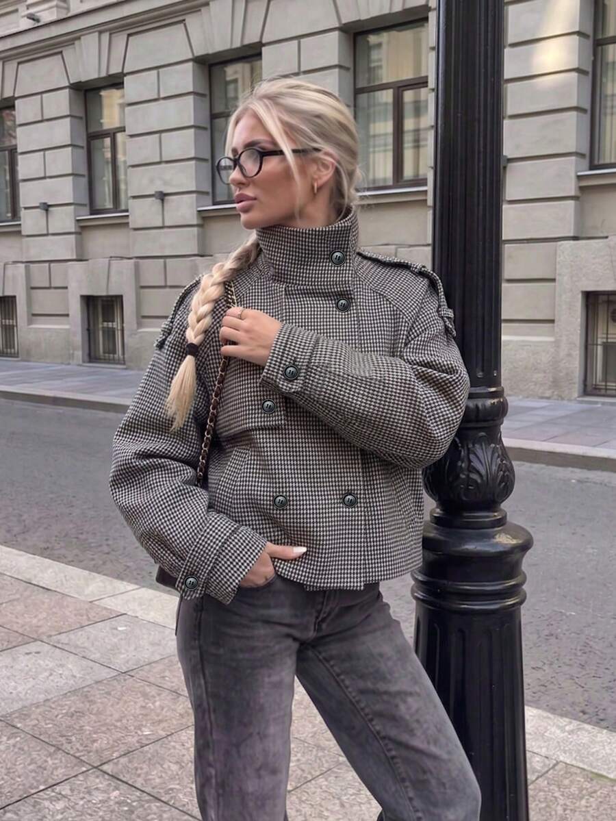 Women's Fashion Houndstooth Double-Breasted Coat, Funnel Neck Long Sleeve Design, Perfect Choice For Autumn/Winter - Coffee - View 1